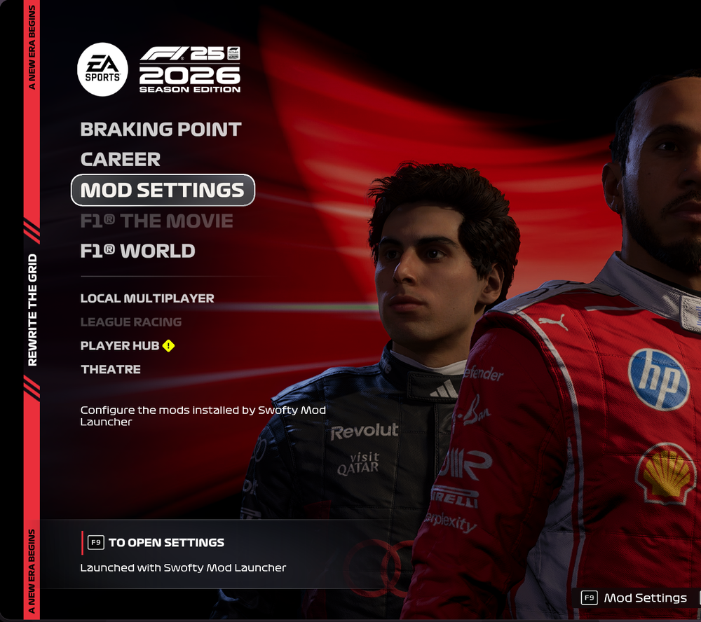 The F1 25 home menu with MOD SETTINGS under Career, the "Launched with Swofty Mod Launcher" panel and the F9 prompt