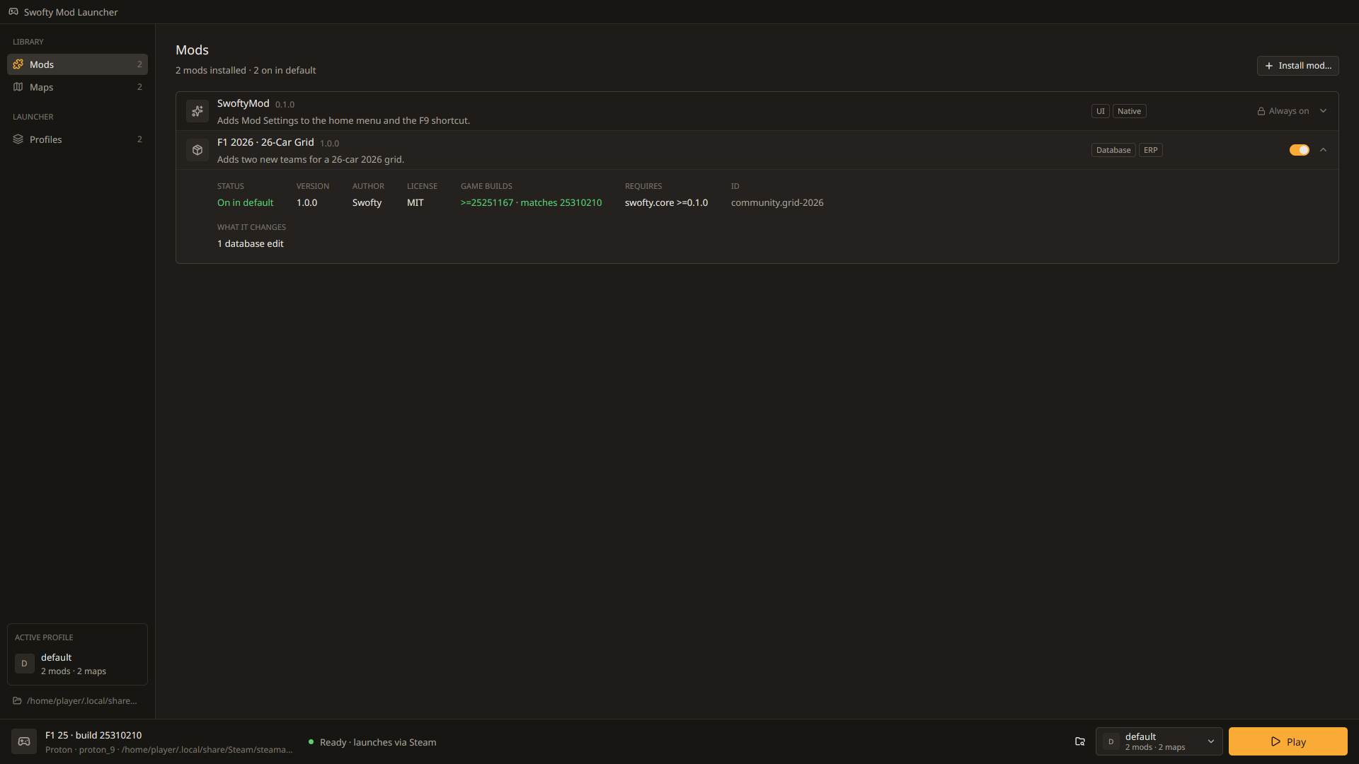 The F1 Mod Manager launcher