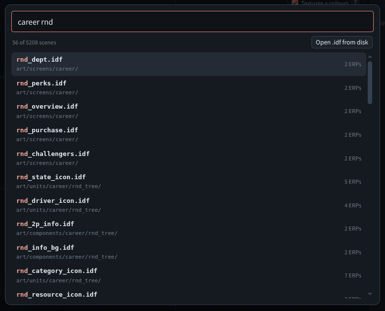 The Open scene search with "career rnd" typed, listing rnd_dept.idf, rnd_perks.idf, rnd_overview.idf and more, each with its folder and archive count