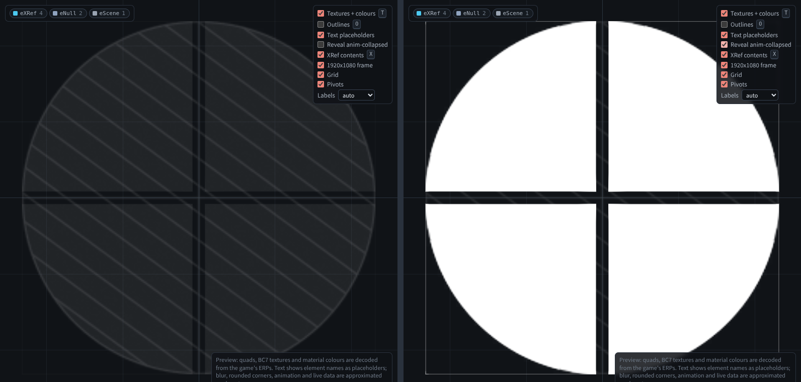 The R&D development-potential pie: on the left its four wedges are collapsed, on the right Reveal anim-collapsed shows them at full size